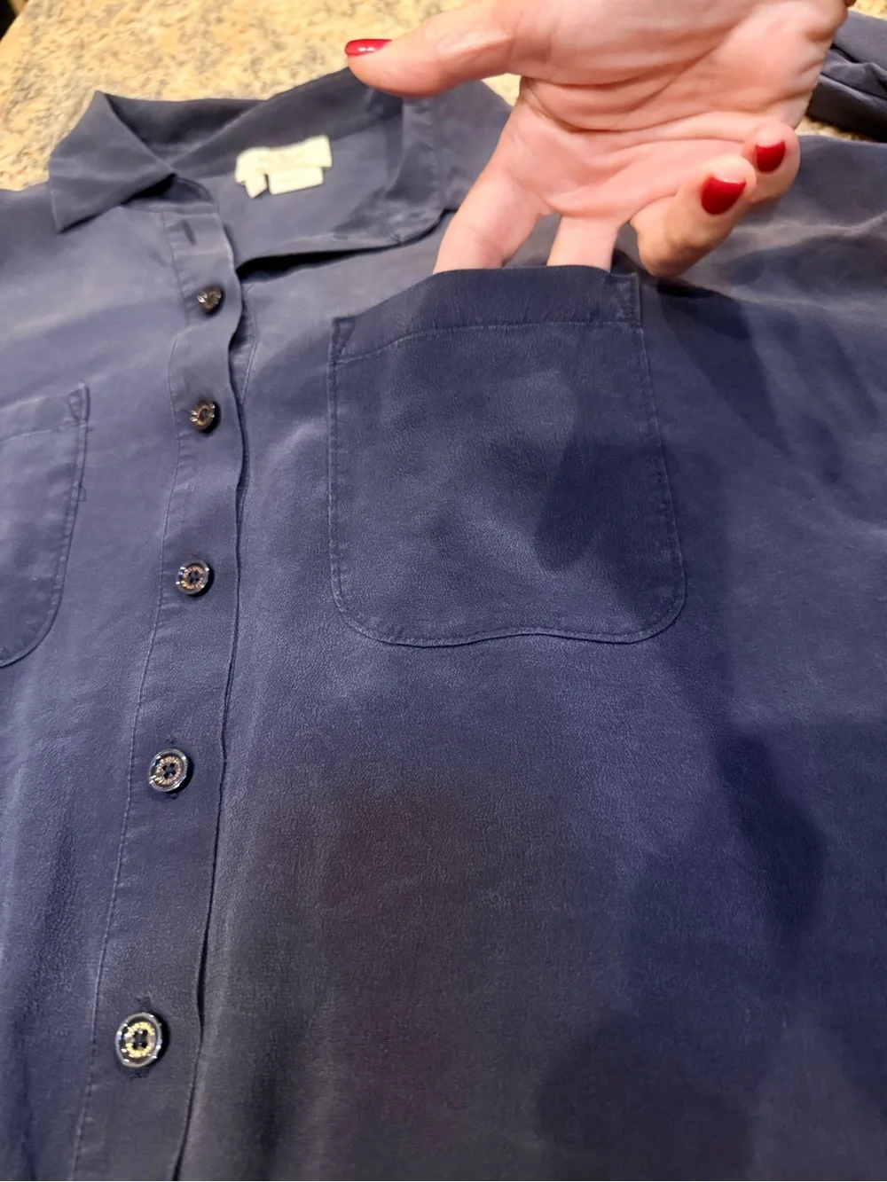 Kate Spade New York 100% Silk Navy Button Up Blouse Size 2 Long Sleeve Dual Pock